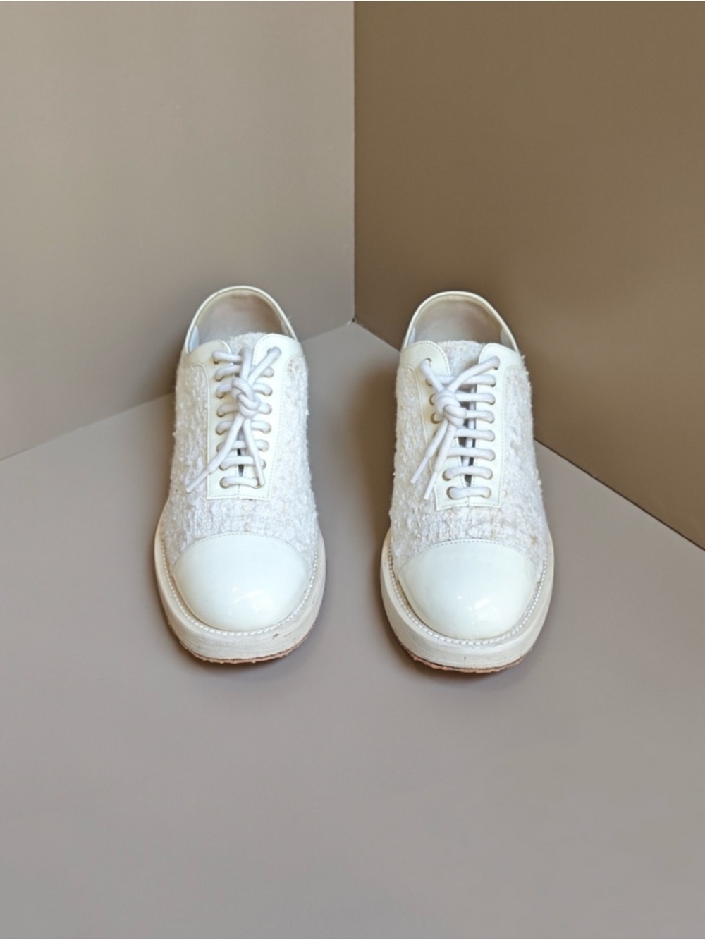 Authentic CHANEL Cream and White Tweed Lace-Up Oxfords - Picture 2 of 6